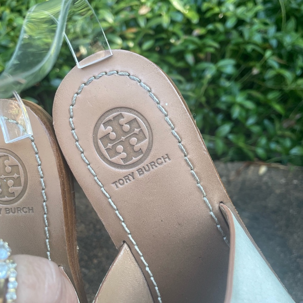 TORY BURCH Marcia Leather Toe Ring Slides Sandals Ivory Gold Size 5.5 - Picture 11 of 13